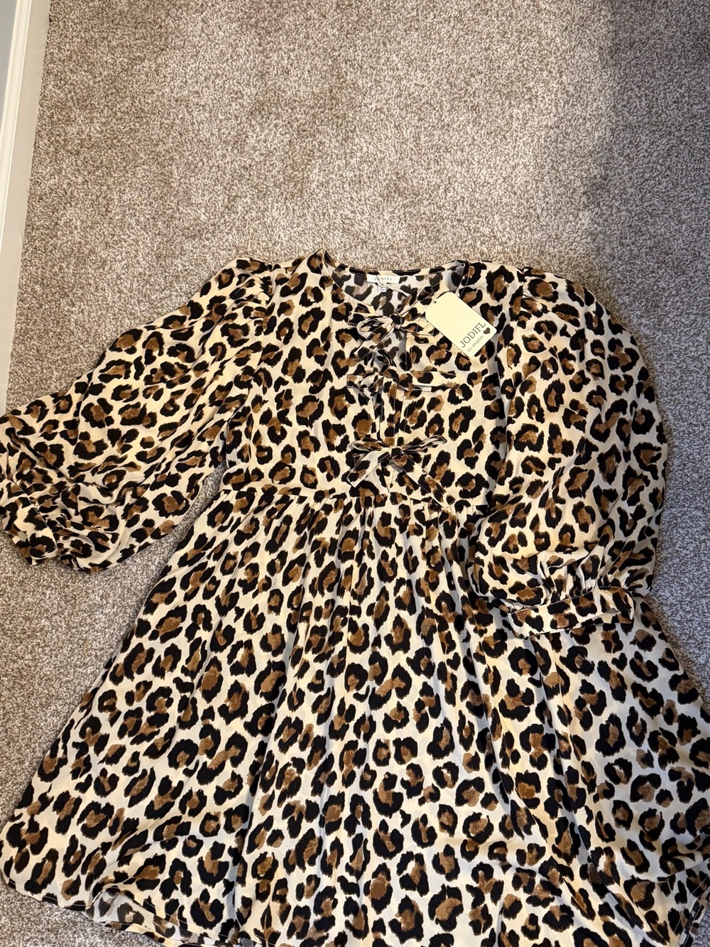 Jodifl Leopard Print Babydoll Dress Tie Front Balloon Sleeve Small